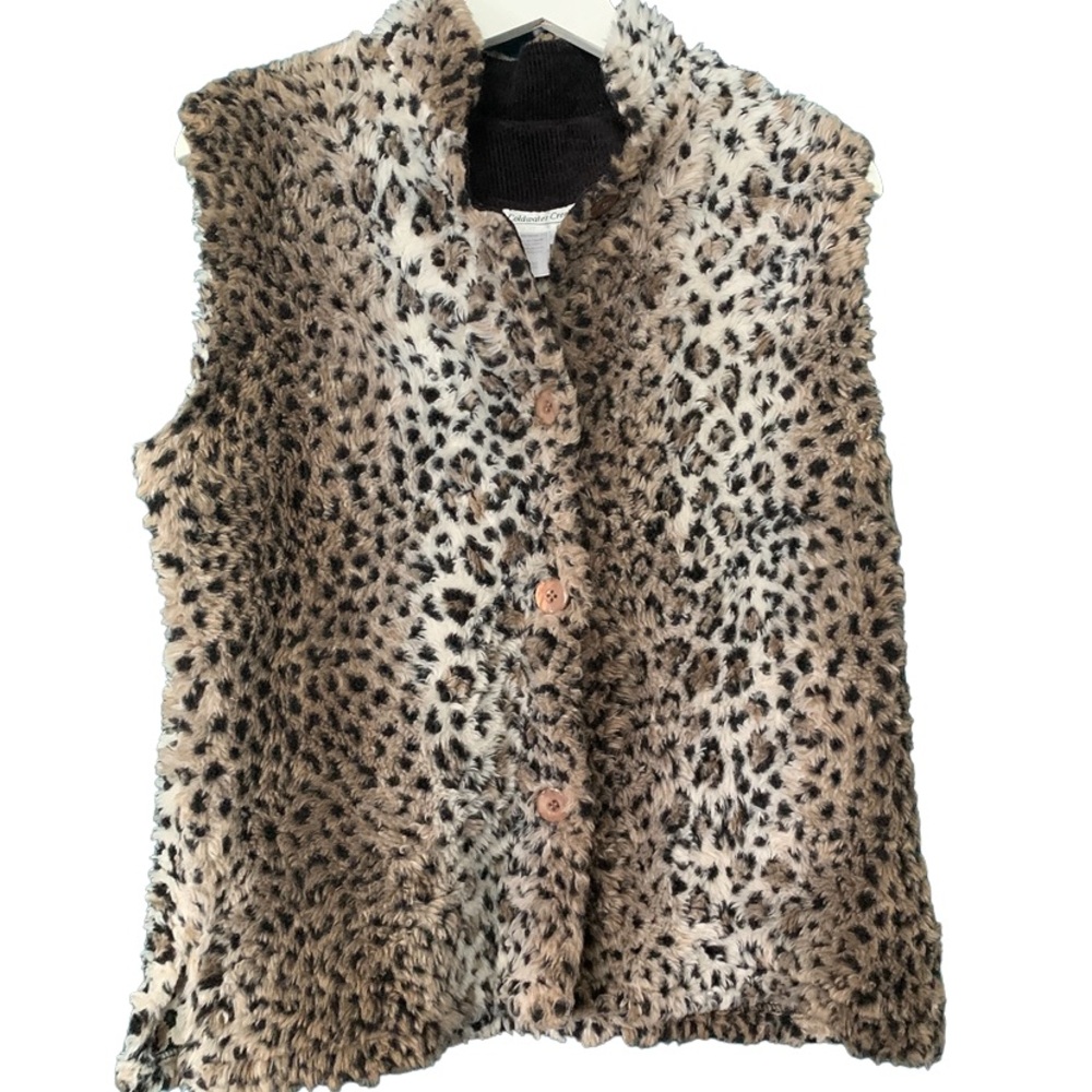 Vintage 90s Coldwater Creek Leopard Print Faux Fur Collared Vest